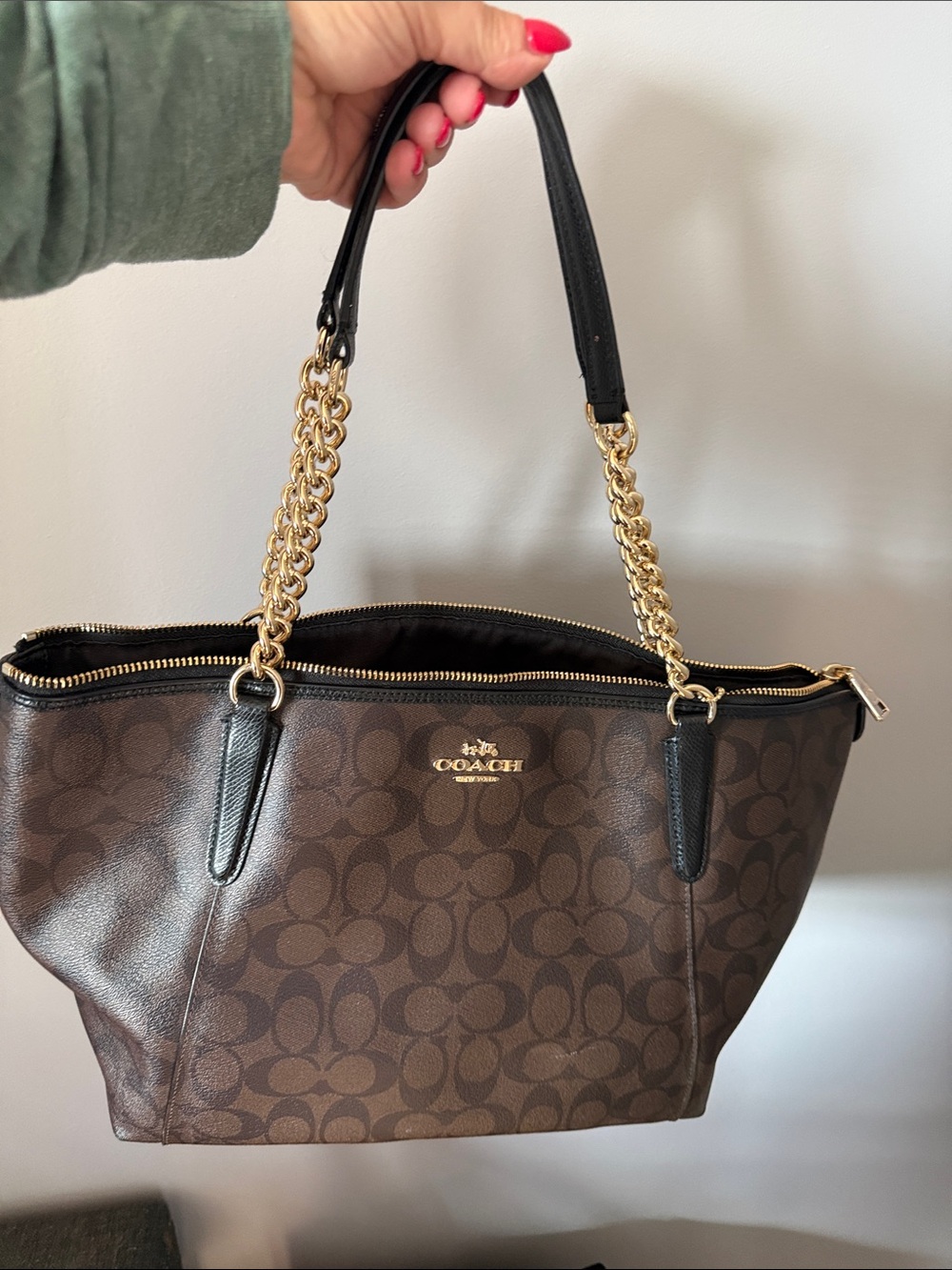Coach Brown Signature Canvas Shoulder Bag with Black Trim and Gold Chain